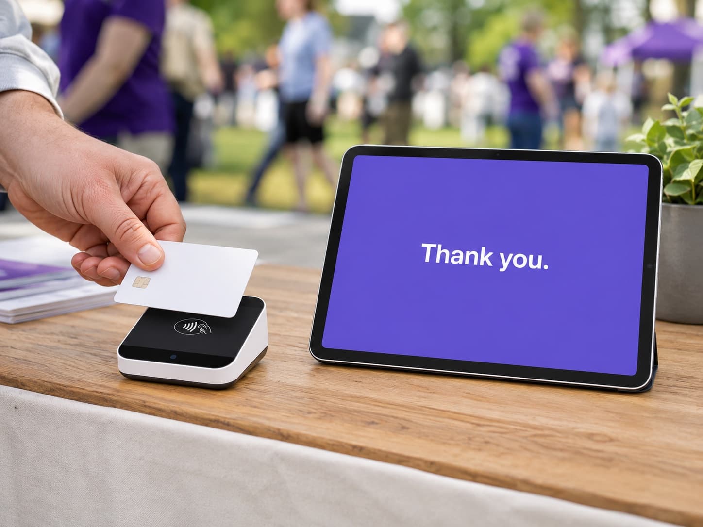 A card held above a separate contactless reader beside an iPad