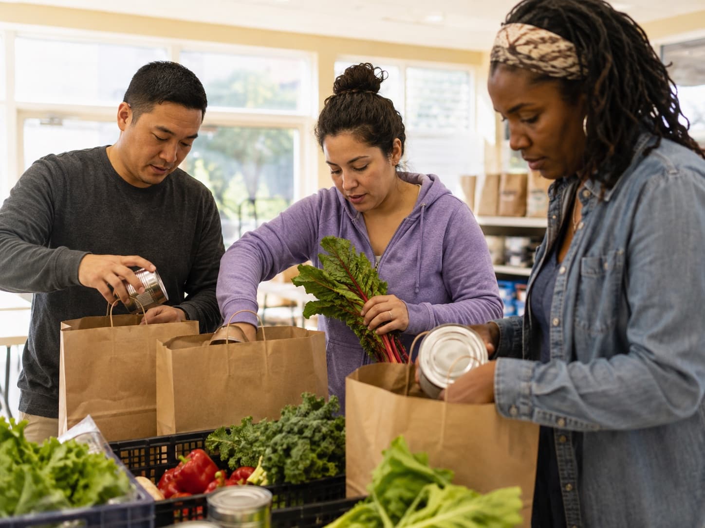 Community volunteers preparing food bags together